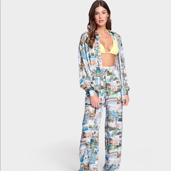 Pam & Gela Postcard Print Flowy Pajama Style Vacation Shirt - Picture 1 of 5